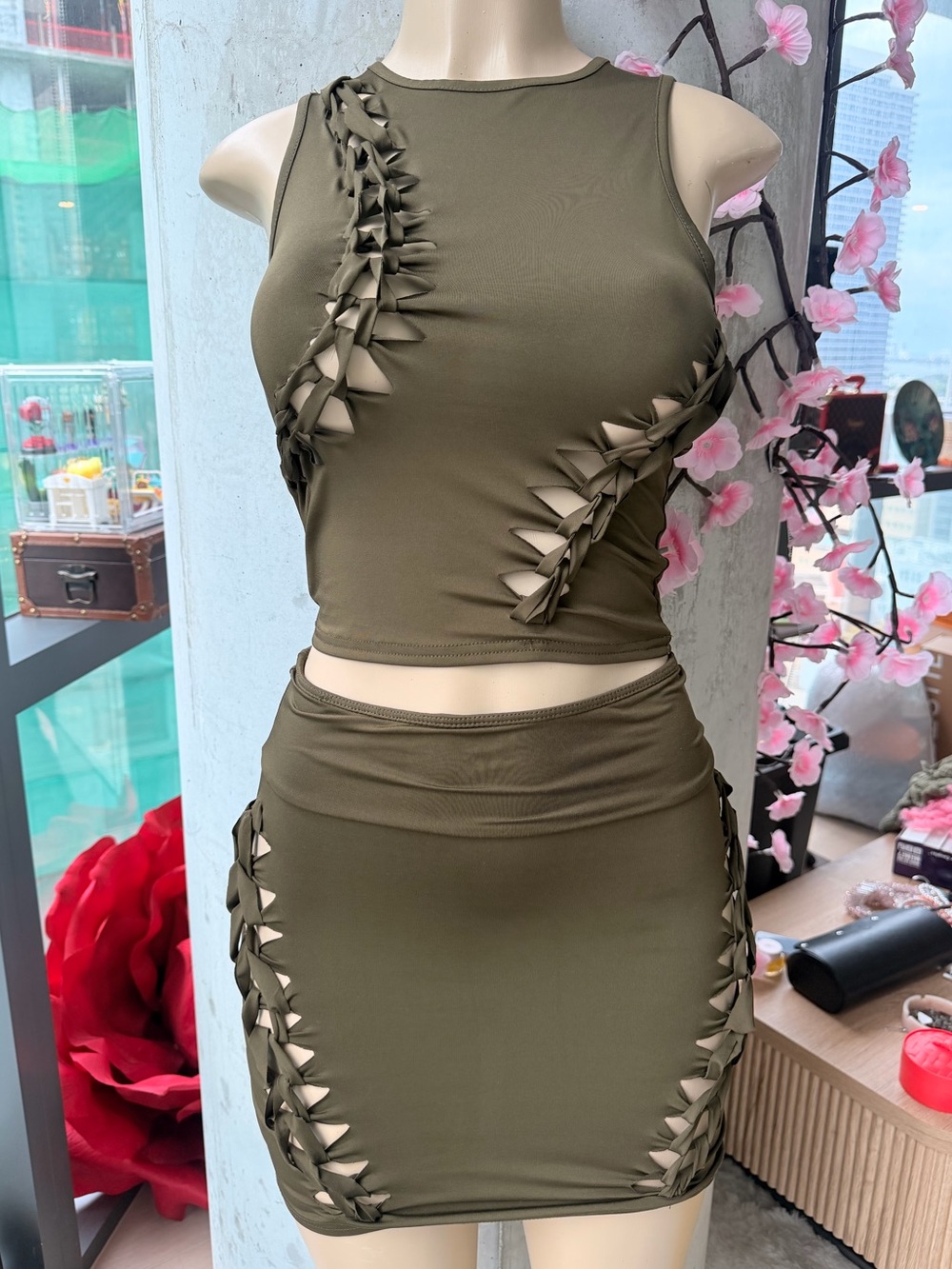 Micas Olive Cutout Lace-Up Crop Top & Mini Skirt Set Size Small